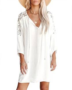 FANCYINN Damen Strandkleider Strand Vertuschen Shirt Bikini Tieneck Strandponcho Sommer Bademode Vertuschen Spitze Schulter Weiß M von FANCYINN