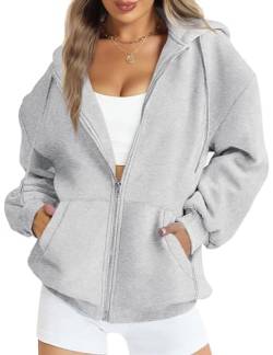 FANCYINN Damen Zip Up Hoodies Lange Ärmel Übergroße Sweatshirts Casual Drawstring Herbst Fleece Jacke mit Taschen Grau XL von FANCYINN