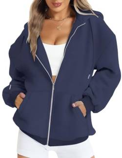 FANCYINN Frauen Zip Up Hoodies Casual Tunnelzug Übergroße Sweatshirts Fleece Vintage Langarm Jacke mit Taschen Dunkelblau M von FANCYINN