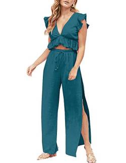 FANCYINN Jumpsuit Damen Zweiteiler 2 Teiler Crop Top Sexy V-Ausschnitt Hose mit Seitenschlitz Kordelzug Sommer Strand Urlaub Lässig Outfits Blaugrüne L von FANCYINN