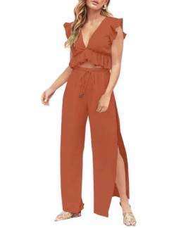 FANCYINN Jumpsuit Damen Zweiteiler 2 Teiler Crop Top Sexy V-Ausschnitt Hose mit Seitenschlitz Kordelzug Sommer Strand Urlaub Lässig Outfits Bräunlichrot L von FANCYINN