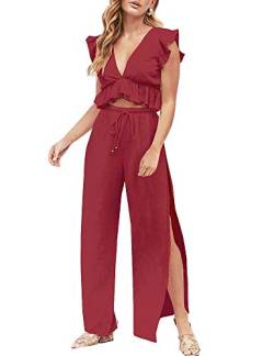 FANCYINN Jumpsuit Damen Zweiteiler 2 Teiler Crop Top Sexy V-Ausschnitt Hose mit Seitenschlitz Kordelzug Sommer Strand Urlaub Lässig Outfits Burgund L von FANCYINN