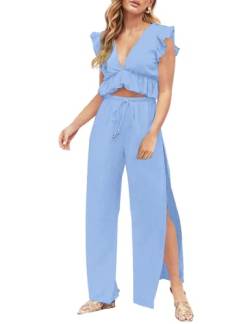 FANCYINN Jumpsuit Damen Zweiteiler 2 Teiler Crop Top Sexy V-Ausschnitt Hose mit Seitenschlitz Kordelzug Sommer Strand Urlaub Lässig Outfits Hellblau XS von FANCYINN