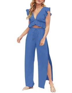 FANCYINN Jumpsuit Damen Zweiteiler 2 Teiler Crop Top Sexy V-Ausschnitt Hose mit Seitenschlitz Kordelzug Sommer Strand Urlaub Lässig Outfits Königsblau L von FANCYINN