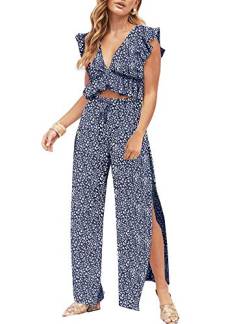 FANCYINN Jumpsuit Damen Zweiteiler 2 Teiler Crop Top Sexy V-Ausschnitt Hose mit Seitenschlitz Kordelzug Sommer Strand Urlaub Lässig Outfits Kopfsteinpflaster M von FANCYINN