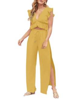 FANCYINN Jumpsuit Damen Zweiteiler 2 Teiler Crop Top Sexy V-Ausschnitt Hose mit Seitenschlitz Kordelzug Sommer Strand Urlaub Lässig Outfits Kurkuma L von FANCYINN