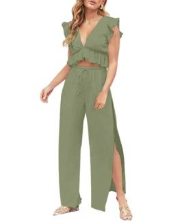 FANCYINN Jumpsuit Damen Zweiteiler 2 Teiler Crop Top Sexy V-Ausschnitt Hose mit Seitenschlitz Kordelzug Sommer Strand Urlaub Lässig Outfits Olivgrün M von FANCYINN