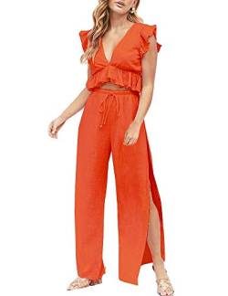 FANCYINN Jumpsuit Damen Zweiteiler 2 Teiler Crop Top Sexy V-Ausschnitt Hose mit Seitenschlitz Kordelzug Sommer Strand Urlaub Lässig Outfits Orange XL von FANCYINN