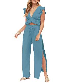 FANCYINN Jumpsuit Damen Zweiteiler 2 Teiler Crop Top Sexy V-Ausschnitt Hose mit Seitenschlitz Kordelzug Sommer Strand Urlaub Lässig Outfits Pfauenblau S von FANCYINN