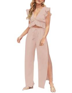 FANCYINN Jumpsuit Damen Zweiteiler 2 Teiler Crop Top Sexy V-Ausschnitt Hose mit Seitenschlitz Kordelzug Sommer Strand Urlaub Lässig Outfits Rosa L von FANCYINN