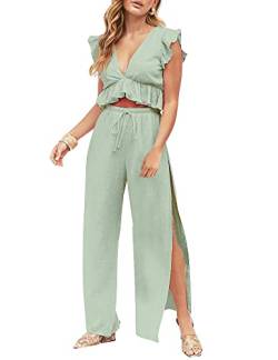 FANCYINN Jumpsuit Damen Zweiteiler 2 Teiler Crop Top Sexy V-Ausschnitt Hose mit Seitenschlitz Kordelzug Sommer Strand Urlaub Lässig Outfits S Hellgrün von FANCYINN