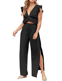 FANCYINN Jumpsuit Damen Zweiteiler 2 Teiler Crop Top Sexy V-Ausschnitt Hose mit Seitenschlitz Kordelzug Sommer Strand Urlaub Lässig Outfits Schwarz XL von FANCYINN