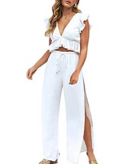 FANCYINN Jumpsuit Damen Zweiteiler 2 Teiler Crop Top Sexy V-Ausschnitt Hose mit Seitenschlitz Kordelzug Sommer Strand Urlaub Lässig Outfits Weiß L von FANCYINN