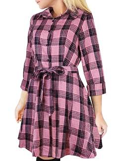 FANCYINN Kariertes Hemdkleid für Damen, Langarm, kariert, Tartan-Hemd, Minikleid, langes Oberteil, kurz, Stil, Pink & Schwarz, XL von FANCYINN