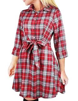 FANCYINN Kariertes Hemdkleid für Damen, langärmelig, kariert, Tartan-Hemd, Minikleid, langes Oberteil, kurzer Stil, Rot und weißz, XS von FANCYINN