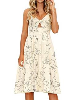 FANCYINN Kleid Damen Sommer Knielang Dekoltee V-Ausschnitt Sommerkleid Midi Träger Rückenfreies A-Linie Kleider Strandkleider Aprikose L von FANCYINN