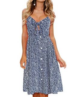 FANCYINN Kleid Damen Sommer Knielang Dekoltee V-Ausschnitt Sommerkleid Midi Träger Rückenfreies A-Linie Kleider Strandkleider Leopard Blau L von FANCYINN