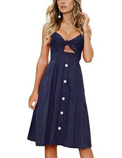 FANCYINN Kleid Damen Sommer Knielang Dekoltee V-Ausschnitt Sommerkleid Midi Träger Rückenfreies A-Linie Kleider Strandkleider Navy blau L von FANCYINN