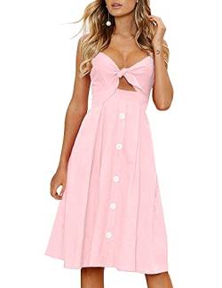 FANCYINN Kleid Damen Sommer Knielang Dekoltee V-Ausschnitt Sommerkleid Midi Träger Rückenfreies A-Linie Kleider Strandkleider Rosa M von FANCYINN