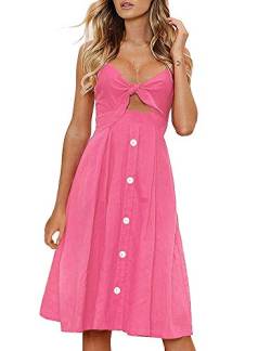 FANCYINN Kleid Damen Sommer Knielang Dekoltee V-Ausschnitt Sommerkleid Midi Träger Rückenfreies A-Linie Kleider Strandkleider Rose Rosa L von FANCYINN