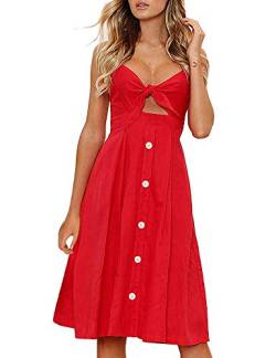 FANCYINN Kleid Damen Sommer Knielang Dekoltee V-Ausschnitt Sommerkleid Midi Träger Rückenfreies A-Linie Kleider Strandkleider Rot L von FANCYINN