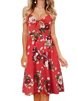 FANCYINN Kleid Damen Sommer Knielang Dekoltee V-Ausschnitt Sommerkleid Midi Träger Rückenfreies A-Linie Kleider Strandkleider Rote Blume M von FANCYINN