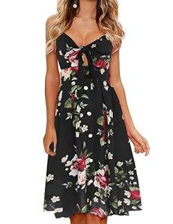 FANCYINN Kleid Damen Sommer Knielang Dekoltee V-Ausschnitt Sommerkleid Midi Träger Rückenfreies A-Linie Kleider Strandkleider Schwarze Blume L von FANCYINN