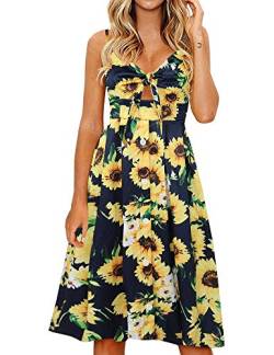 FANCYINN Kleid Damen Sommer Knielang Dekoltee V-Ausschnitt Sommerkleid Midi Träger Rückenfreies A-Linie Kleider Strandkleider Sonnenblume Marineblau M von FANCYINN