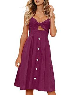 FANCYINN Kleid Damen Sommer Knielang Dekoltee V-Ausschnitt Sommerkleid Midi Träger Rückenfreies A-Linie Kleider Strandkleider Weinrote Farbe L von FANCYINN