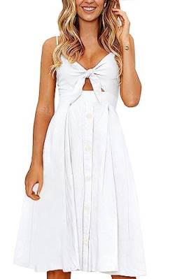 FANCYINN Kleid Damen Sommer Knielang Dekoltee V-Ausschnitt Sommerkleid Midi Träger Rückenfreies A-Linie Kleider Strandkleider Weiß M von FANCYINN