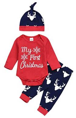 FANCYINN Kleinkind Jungen Weihnachten Bodysuit Baby Boy Girl Mein erstes Weihnachten Rot Langarm Strampler + Elchhosen + Hut 3Stücke Kleidung 3-6 Monate von FANCYINN