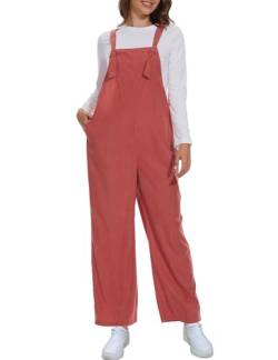 FANCYINN Latzhose Damen Weite Bein Jumpsuits Ärmellos Quadratischer Hals Verstellbarer Krawattenknoten Overalls Strap Bib Strampler Lange Hosen mit Taschen Orange Rot L von FANCYINN