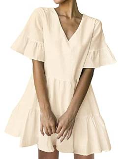 FANCYINN Sommerkleid Damen Kurz Tunika Kleid V-Ausschnitt Volant Lockeres Swing Mini Kleider Beige M von FANCYINN
