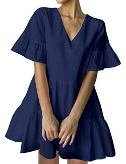 FANCYINN Sommerkleid Damen Kurz Tunika Kleid V-Ausschnitt Volant Lockeres Swing Mini Kleider Blau von FANCYINN