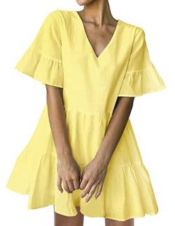 FANCYINN Sommerkleid Damen Kurz Tunika Kleid V-Ausschnitt Volant Lockeres Swing Mini Kleider Gelb von FANCYINN