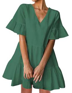 FANCYINN Sommerkleid Damen Kurz Tunika Kleid V-Ausschnitt Volant Lockeres Swing Mini Kleider Grün von FANCYINN