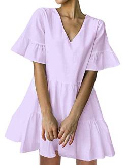 FANCYINN Sommerkleid Damen Kurz Tunika Kleid V-Ausschnitt Volant Lockeres Swing Mini Kleider Helles Lila XL von FANCYINN