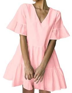 FANCYINN Sommerkleid Damen Kurz Tunika Kleid V-Ausschnitt Volant Lockeres Swing Mini Kleider Rosa von FANCYINN