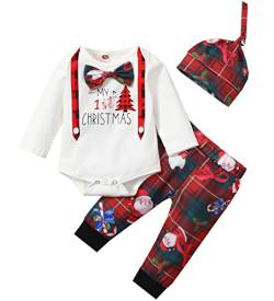 FANCYINN Weihnachtsoutfits Baby Mädchen Jungen Strampler jumpsuit + Hose mit Weihnachtsmann-Print + Rot karierte Weihnachtsmütze 3-6 Monate von FANCYINN