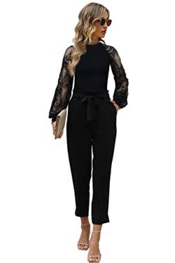 FANCYINN Womens Print Lace Long Sleeve Top und Casual Ruffle Pants Anzug Schwarzes Top UND Schwarze Hose XL von FANCYINN