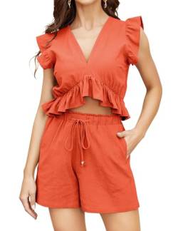 FANCYINN Zweiteilige Outfits für Damen mit tiefem V-Ausschnitt Crop-Top mit Kordelzug und weitem Bein Shorts-Set für den Sommer Orange S von FANCYINN