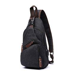 FANDARE Brusttasche Herren Schultertasche Sling Bag Rucksack mit USB Segeltuch Tasche Umhängetasche Sporttasche für Wandern,Abenteuer,Sport, Reisen und Joggen Schwarz von FANDARE