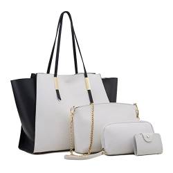 FANDARE Elegant Damen Handtasche Frauen Citytasche 4-teiliges Set mit Umhängetasche Unterarmtasche Brieftasche Schulterbeutel Shopper Tote für Reise Alltag Büro Schule Ausflug Henkeltasche Weiß von FANDARE