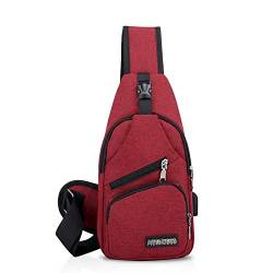 FANDARE Unisex Schultertasche Herren Damen Brusttasche Sling Bag Rucksack mit USB Umhängetasche Sporttasche für Wandern,Abenteuer,Sport, Reisen und Joggen Rot von FANDARE