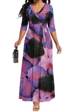 FANDEE Damen Maxikleid 2024 Blumendruck Boho Kleid Sommer Lang Maxikleid V-Ausschnitt 3/4 Arm mit Tasche, Violette Halo-Färbung, Mittel von FANDEE