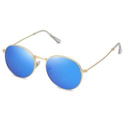 FANFUSUZI Sonnenbrille Damen Kleine runde polarisierte Sonnenbrille für Frauen Männer Klassische Vintage Retro Schatten UV400 (Gold Blue) von FANFUSUZI