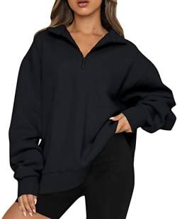 FANGJIN Damen 1/4 Zip Sweatshirt Oversize Einfarbig Rundhals Pullover Sweatshirts Damen Loose Langarm Plüsch Tops Comfort Pullover Schwarz Oberteile L von FANGJIN