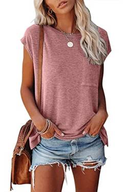 FANGJIN Damen Casual Solid T-Shirt Pullover Kurzarm Elegant Rosa Groß L von FANGJIN