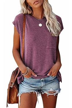 FANGJIN Damen Casual Solid T-Shirt Pullover Kurzarm Elegant Weinrot XX-Large von FANGJIN