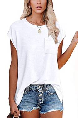 FANGJIN Damen Casual Solid T-Shirt Pullover Kurzarm Elegant Weiß Mittel M von FANGJIN